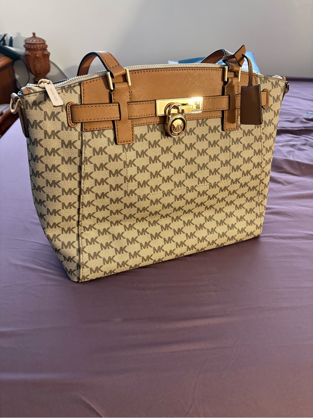 Michael Kors Beige Logo Canvas Tote with Tan Leather Trim